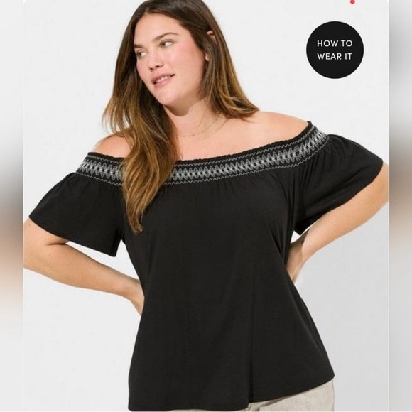 Torrid Black Modal Off Shoulder Smoked Yoke Top - New - Size 30 (6) - Picture 1 of 3